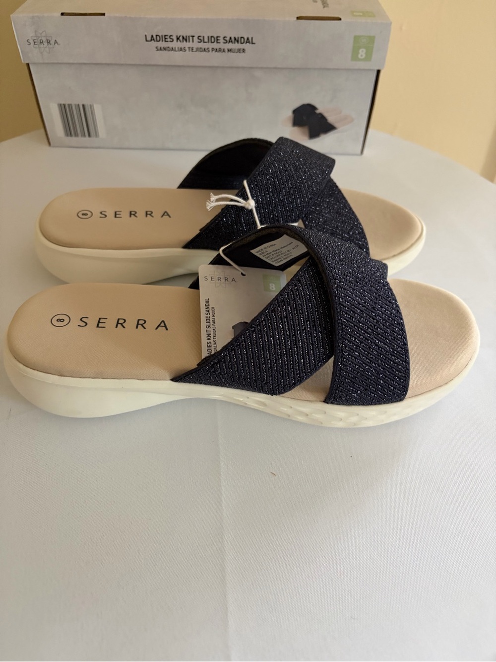 Serra Navy Knit Cross-Strap Slide Sandal